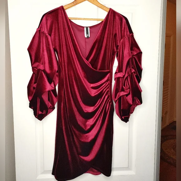 Velvet Ruched Draped Puff Exaggerated Sleeves Mini Dress, Burgundy L - Picture 2 of 10